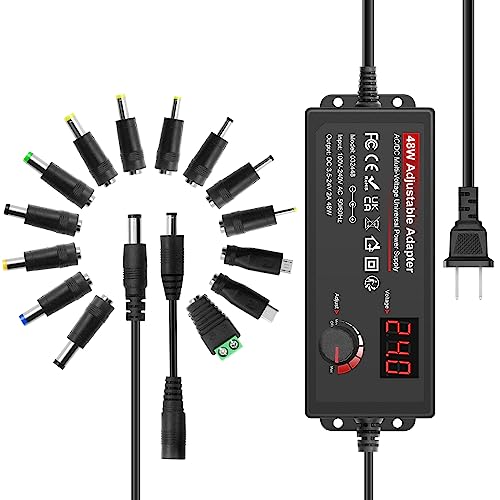 JOVNO Universal Power Supply 3V-24V 2A 48W Adjustable AC/DC Adapter 100~240V AC to DC 5V 9V 12V 15V 19V 20V with LED Display 14 Plugs 1 Reverse Polarity Converter Cable for LED Strips Motors Speaks