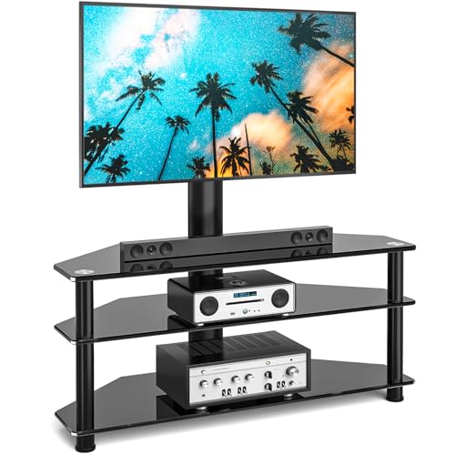 Rfiver Swivel Glass TV Stand with Mount for 32-70 Inch Flat or Curved Screen TV up to 110lbs, Height Adjustable Corner Floor TV Stand Entertainment Center with TV Mount and 3-Tier Storage for AV Media