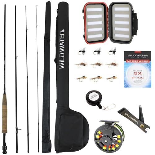 Wild Water Standard Fly Fishing Combo Starter Kit, 5 or 6 Weight 9 Foot Fly Rod, 4-Piece Graphite Rod with Cork Handle, Accessories, Die Cast Aluminum Reel, Carrying Case, Fly Box Case & Fishing Flies