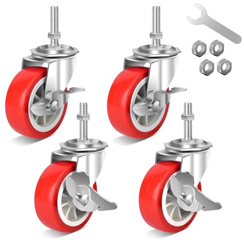 3 Inch Heavy Duty Stem Casters Swivel Wheels with Brake - 3/8' -16 x 1-1/2' (Stem Diameter 3/8', Stem Length 1-1/2'),Set of 4 with Locking Threaded Stem Caster Wheels - Load 600lbs