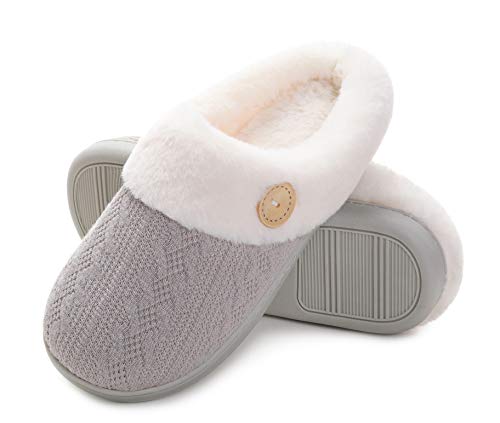 Vonluxe Women's Fuzzy House Slippers Comfy Memory Foam Bedroom Slippers Warm Slip On Light Shoes Outdoor Indoor Faux Fur Lined Grey9-10
