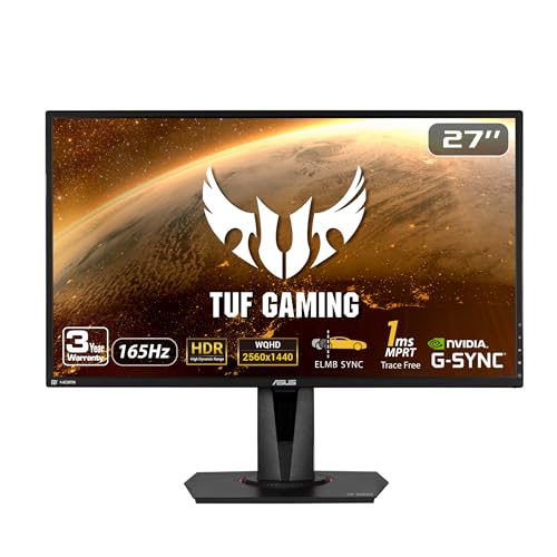 ASUS TUF Gaming 27' 2K HDR Gaming Monitor (VG27AQ) - QHD (2560 x 1440), 165Hz (Supports 144Hz), 1ms, Extreme Low Motion Blur, Speaker, G-SYNC Compatible, VESA Mountable, DisplayPort, HDMI ,Black