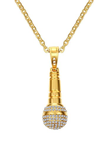 Mealguet Jewlery Stainless Steel Iced out Cubic Zirconia CZ Music Karaoke Singer Microphone Pendant Necklace with Chain,Gold Plated