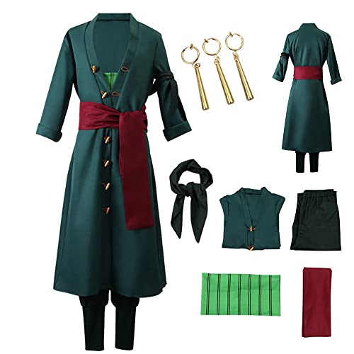 AIUKAKP Roronoa Zoro Cosplay Costume Outfit Cosplay Zoro Kimono Cloak With With Wig Zoro Uniform Green Halloween