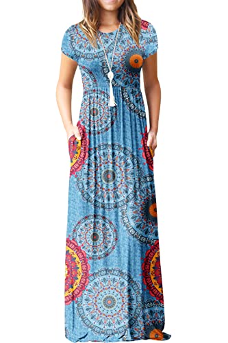 GRECERELLE Women's Short Sleeve Floral Print Loose Plain Maxi Dresses Casual Long Dresses with Pockets FP-Mix Blue Large
