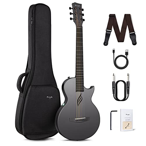Enya NOVA Go SP1 Carbon Fiber Acoustic Electric Guitar with Smart AcousticPlus 35 Inch Travel Acustica Guitarra Starter Bundle Kit of Gig Bag, Strap, Strings, Charging Cable, Instrument Cable(Black)