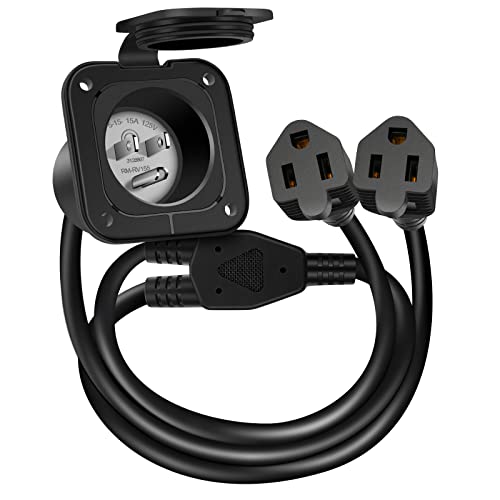 PAULINN 15 Amp 125V AC Power Inlet Port Plug W/Integrated Dual 18' Extension Cord, NEMA 5-15 RV Flanged Inlet Y Splitter Cable with Waterproof & Back Cover, 2 Pole 3-Wire Shore Power Plug for Boat