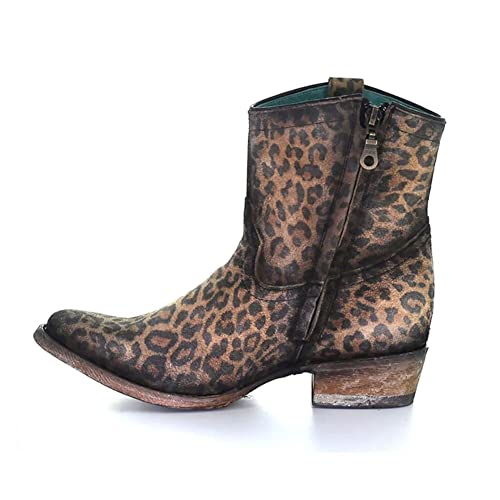 Corral Boots Women's Western Style Cowgirl Round Toe Leopard Print Suede Leather Zipper Ankle Boots, 8