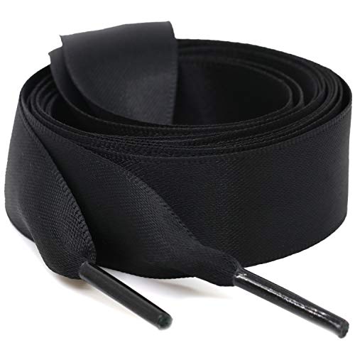 WEGOODZF Flat Satin Ribbon Shoelaces Black 2cm Wide Shoestrings for Women Girls[2 Pair 47.24']