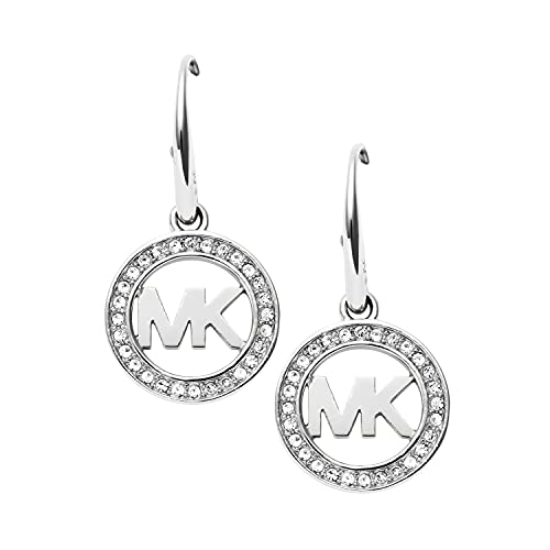 Michael Kors Stainless Steel and Pavé Crystal MK Logo Dangle Earrings for Women, Color: Silver (Model: MKJ4795040)