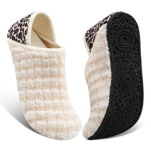 Fires Unisex Womens Slippers Mens Slippers Socks with Rubber Sole Artificial Woolen House Slippers for Women Men Skin-friendly House Shoes for Women Men Soft-Lightweight Around Home Shoes Indoor/Outdoor & Travel BeigeStripe 8-9 Women/6.5-7.5 Men