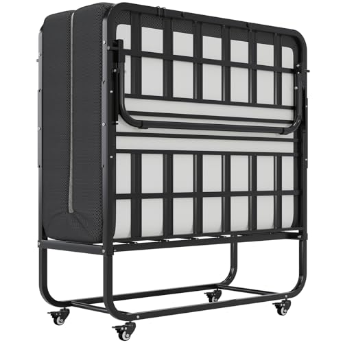 DICTAC Folding Bed with Mattress 75x38 Twin Size Bed Frame Portable Foldable Guest Bed for Adults Rollaway Bed with Wheels Fold up Bed with Metal Slats Bed Frame- 5'' Luxurious Memory Foam Mattress