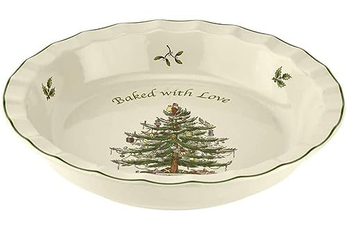 Spode Christmas Tree 10 Inch Pie Dish 'Baked with Love' | Round Baking Dish for Cake, Pie, and Dessert | Made of Earthenware | Dishwasher, Microwave and Oven Safe