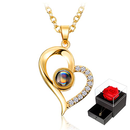 Hicarer I Love You Necklace 100 Languages Projection Heart Pendant Necklace with Red Rose Jewelry Storage Box for Women Girls Christmas Mother's Day Valentine's Day Wedding Birthday(Gold)