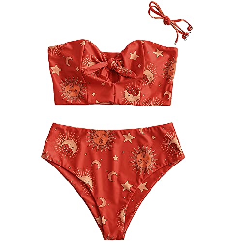 ZAFUL Women Keyhole Tied High Waisted Bikini Set Spaghetti Straps Two Pieces Boho Swimsuit Bathing Suit Sun Red S