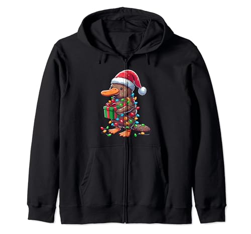 Platypus Wearing Santa Hat, Holding A Present Box Xmas Zip Hoodie