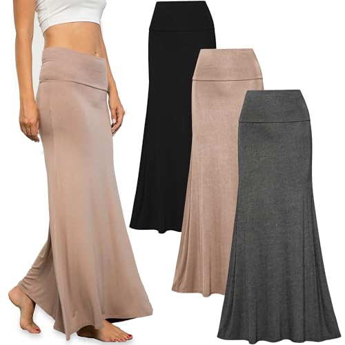 Free to Live Women's 3 Pack Foldover High Waisted Maxi Skirts Black, Charcoal, Mocha X-Large