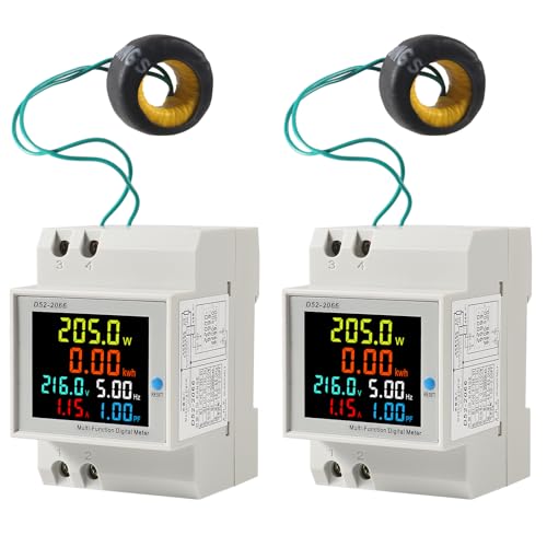 DWEII 2Pack Single Phase Energy Meter Din Rail Electricity Usage Monitor AC 40-300V 100A Voltmeter Ammeter Watt Kwh Frequency Power Meter External CT 110V