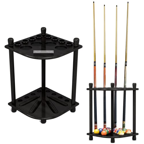 ISZY Billiards Pool Stick Holder - Cue Rack Only - Wood Stand Holds 8 Billiard Sticks, a Full Set of Balls & Includes 4 Score Counters - Pool Accessories, Black