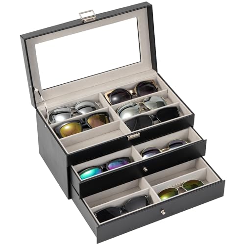 ProCase 3-layer Sunglasses Storage Organizer, 18 Slots Leather Sunglass Box Multiple Pairs Eyeglass Cases Eye Glass Eyewear Display Holder for Men Women, Father's Day Gift -Black