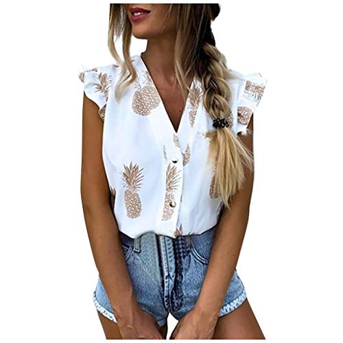 Meikosks Womens Pineapple Print Blouses Ruffled Sleeveless Shirt V Neck Tops Cute Graphic Pullover