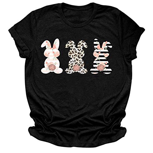 Womens V Neck Sweaters Easter Short Sleeve Blouse Printing Women Bunny O-Neck Tops T-Shirt Tunic Tee Women Casual Shirts Black