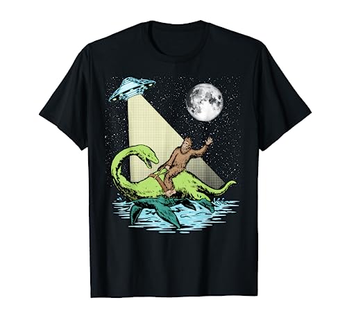Bigfoot Riding Nessie & UFO Aliens At Night Funny Retro T-Shirt