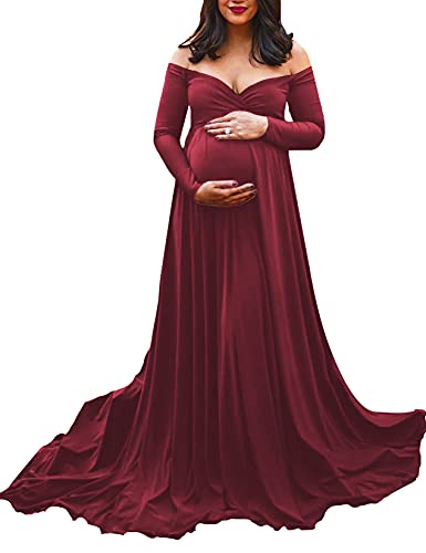 Saslax Maternity Off Shoulders Long Sleeve Half Circle Gown for Baby Shower Photo Props Dress Burgundy 162 Medium