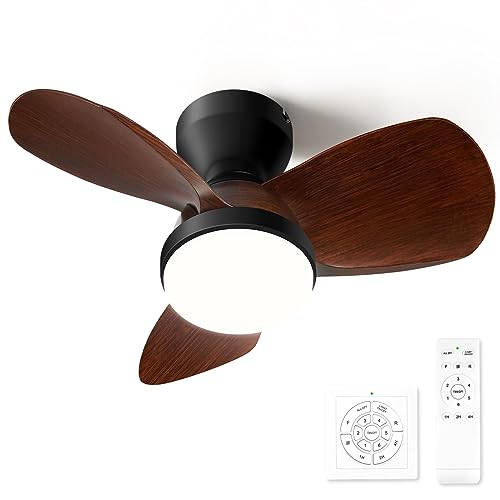 OKELI Ceiling Fan with Light Flush Mount Ceiling Fans,24' 18W Dimmable Small Low Profile Modern 6-Speeds Quiet Reversible Timer with 3 Blades Remote Ceiling Fan for Bedroom,Kitchen,Patio,Wood Grain