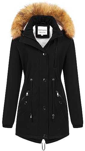 Chrisuno Women's Hooded Warm Winter Coats With Faux Fur Lined Outerwear Jacket Fleece Lined Ladies Parka Black L