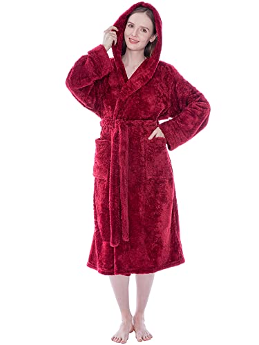 PAVILIA Women Hooded Plush Soft Robe | Fluffy Warm Fleece Sherpa Shaggy Bathrobe (L/XL, Wine Red)