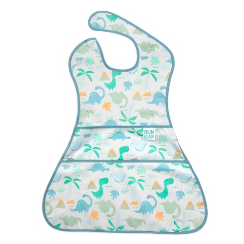 Bumkins Bibs for Girl or Boy, SuperBib Baby and Toddler for 6-24 Months, Full Cover Large Oversize, Essential Must Have for Eating, Feeding, Car Seat, Baby Led Weaning, Mess Saving, Dinosaur Gray