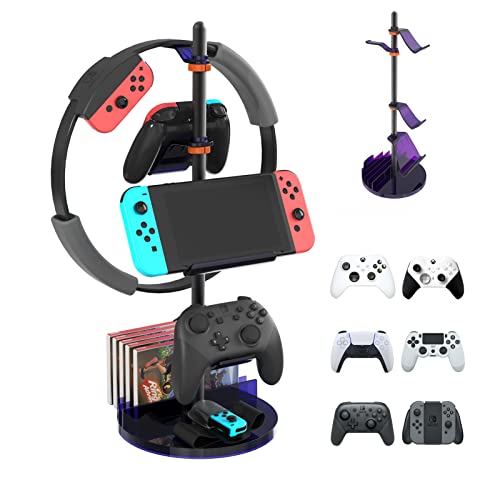 WEGASTU Headphone Stand & Dual Controller Holder for PS5 Xbox Controller Switch PC Headphone Height Adjustable & Stents Rotating Gamers Gaming Accessories Desk Aluminum Support&Thickened ABS (Blue)