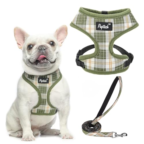 PUPTECK Soft Mesh Dog Harness and Leash Set Pet Puppy Cat Comfort Padded Vest No Pull Harnesses, Olive Green, M
