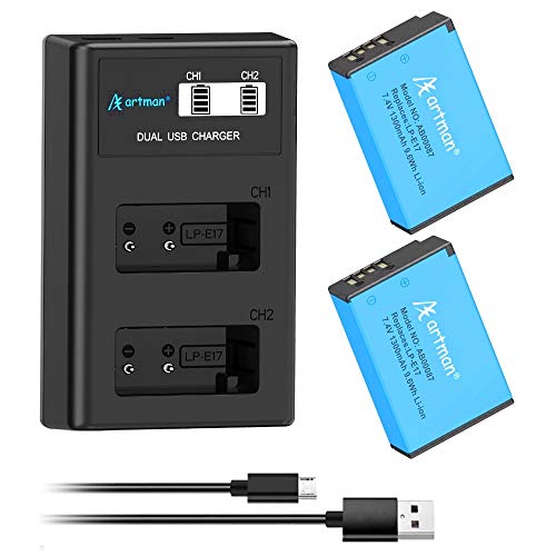 ​Artman Upgraded LP-E17 Battery 2-Pack and LCD Dual Charger for Canon EOS R50 R8 RP R10,Rebel T6i T7i T8i,T6s,SL2,SL3,EOS M3,M5,M6,200D,77D,750D,760D,800D,8000D,KISS X8i Camera