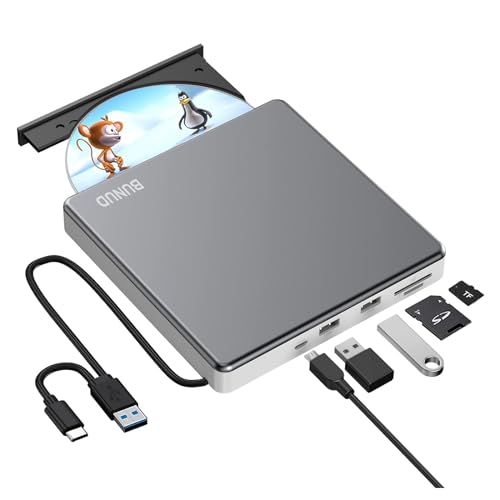 External CD DVD Drive USB 3.0 Type C CD/DVD ROM Burner CD DVD +/-RW Optical Disk Drive Reader with 2 USB and TF/SD Slots Slim Portable Writer Player for Laptop Mac MacBook Windows 11 10 PC Linux OS