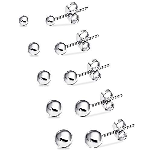 UHIBROS Hypoallergenic Studs Earrings 316L Surgical Stainless Steel Earrings Round Ball Earring for Women Men 5 Pairs Assorted Sizes(4mm-8mm)