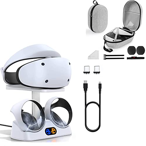 PECOOVR Hard Carrying Case for PlayStation VR2 Gaming Headset and Controller Accessories Travel and Home Storage + Magnetic Charging Station Lightning Charger Dock for PSVR 2 Sense Controller