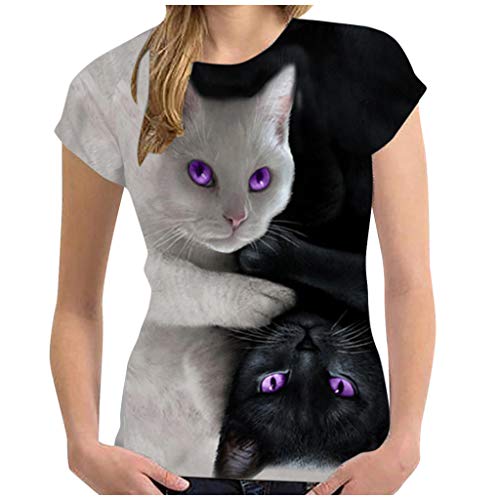 Meikosks 3D Cat Print T Shirts Womens Summer Short Sleeve O-Neck Tops Plus Size Blouses Classic Tees
