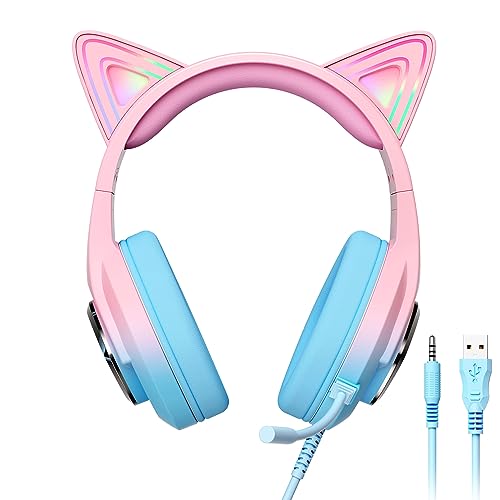 IGRL Cat Ear Gaming Headset, Wired Gaming Headphones for PC, Xbox, PS4, PS5, Switch, Kitty Headset with 360° Rotation Mic, Stereo Sound, Soft Ear Pads, RGB Light, Suitable Gifts for Girl (Pink & Blue)