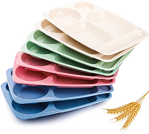 WUWEOT 8 Pack Divided Food Plates, 13.5' Wheat Straw Tray, 5-Compartment Unbreakable Fast Food Tray, Microwave Dishwasher Safe, BPA Free, Lightweight