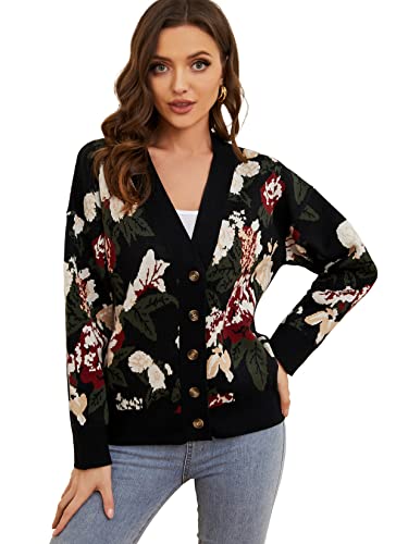 HOCOSIT Women's Floral Knit Cardigan Long Sleeve Button Down Sweater Open Front Coat Outwear S-XXL Black Medium