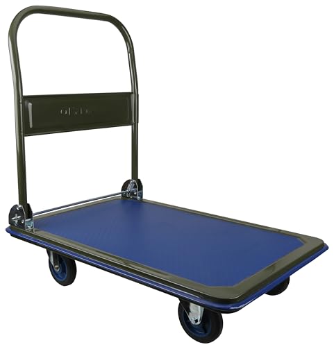 Olympia Tools 85-182 Folding & Rolling Flatbed Cart for Loading, Olive Green with Blue Bumper, 600 Lb. Load Capacity