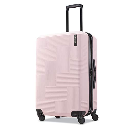 American Tourister Stratum XLT Expandable Hardside Luggage with Spinner Wheels, Pink Blush, Checked-Medium 24-Inch