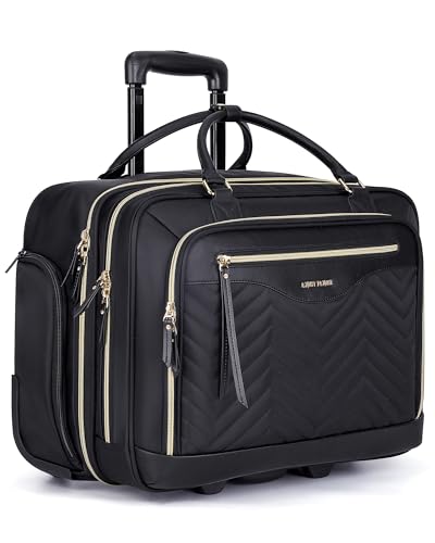 LIGHT FLIGHT Rolling Laptop Bag, 17.3 inch Rolling Briefcase for Women, Computer Bag with Wheels, Overnight Roller Bag for Carry on Travel Work Business, Black