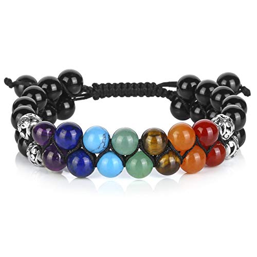 Top Plaza Black Agate Bead Chakra Bracelet 7 Chakras Healing Crystals Bracelet Yoga Stone Beads Bracelets Meditation Relax Anxiety Bangle for Womens Mens