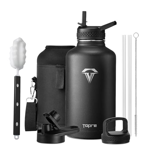 Topre 64 oz Insulated Water Bottle, Half Gallon Vacuum Stainless Steel Sports Water Jug with 3 Lids & Brush, BPA-free Reusable Double Walled Mug Gym Keg for Sports Outdoor Camping, Black