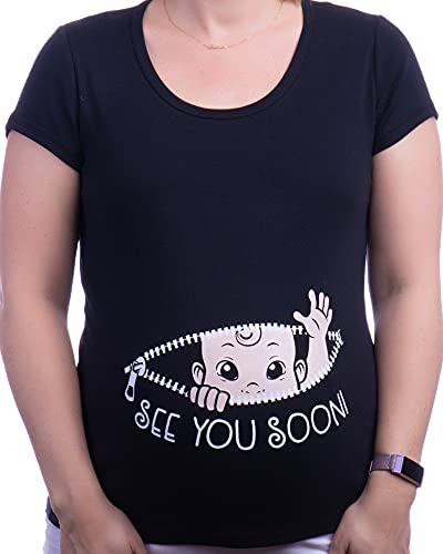 See You Soon! | Cute Funny Maternity Pregnancy Baby Scoop Neck Top T-Shirt for Pregnant Women-(Matern, M) Black