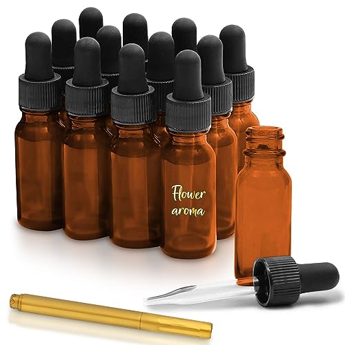 Culinaire Glass Dropper Bottle Amber Glass Eye Dropper Bottles for Essential Oil Serum and Liquid Extract with Glass Eye Droppers and Gold Glass Pen, 1oz, Pack of 12