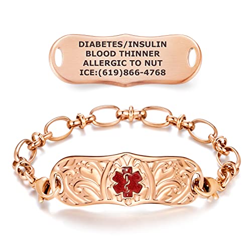Divoti Rose Gold Signature Custom Engraved Medical Alert ID Bracelet for Woman, Elegance Tag/TP Red - 8.0'
